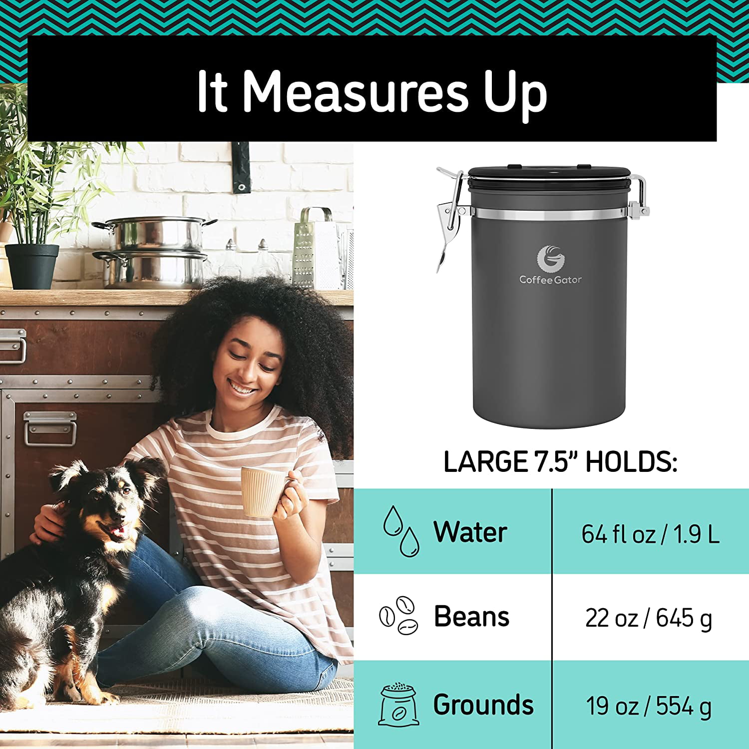 Canister with Date Tracker Small CO2-Release Valve and Measuring Scoop Coffee Gator Stainless Steel Container Gray Fresher Beans and Grounds for Longer 