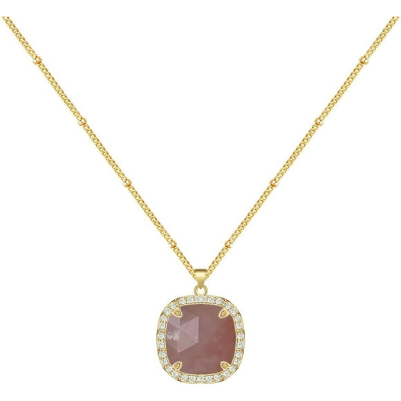 Angelstones 14K Gold Plated Healing Crystal Simple Necklace, Natural Rose Quartz Gemstone Square Pendant Necklaces for Women