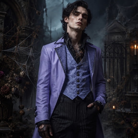 DayScoop Men's Halloween Lavender Long Coat with Matching Vest Gothic Vampire Noble Character Cosplay Outfit for Party Dress Up