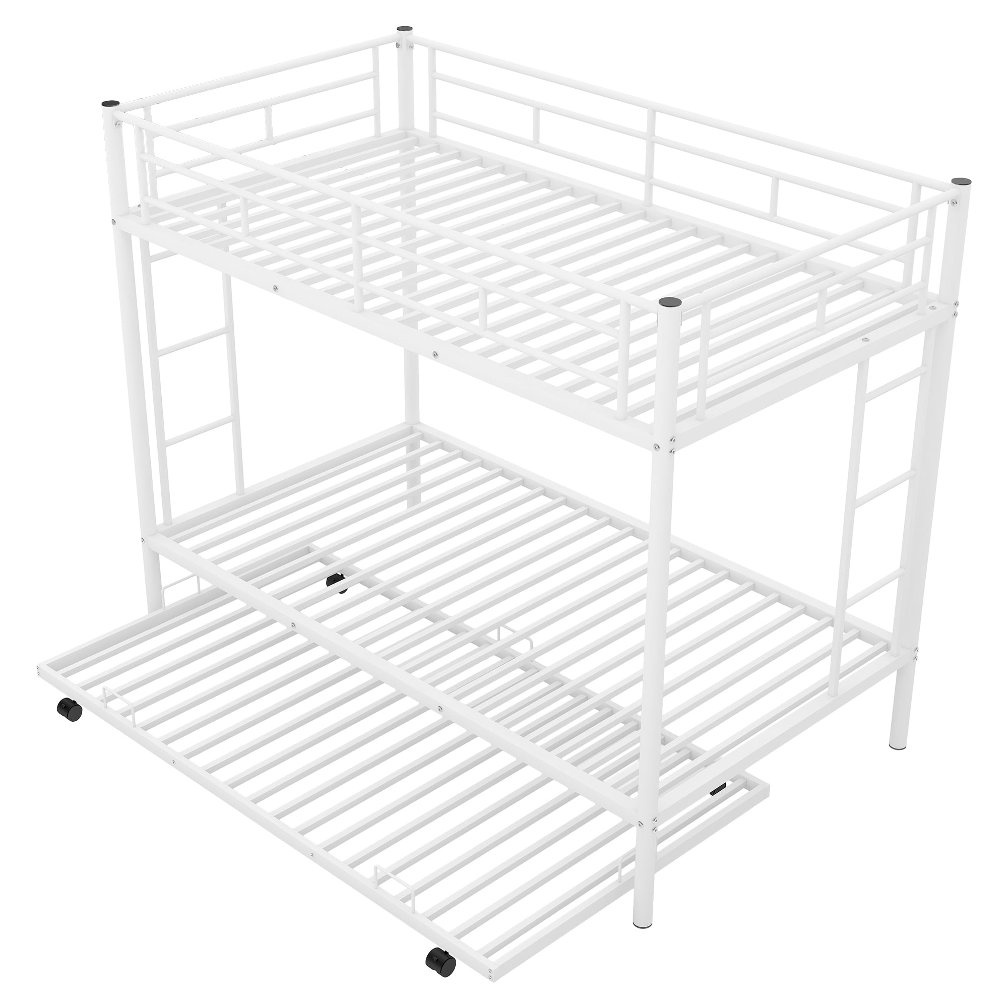 Euroco Metal Twin Bunk Bed with Trundle, 3 Beds for Kids and Teens, Solid Ladder and Safety Guardrails, White