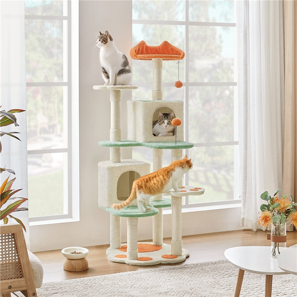 Yaheetech 58'' H Cat Tree Paw-Shaped Play Tower with Platform, Condo, Scratching Posts, Beige