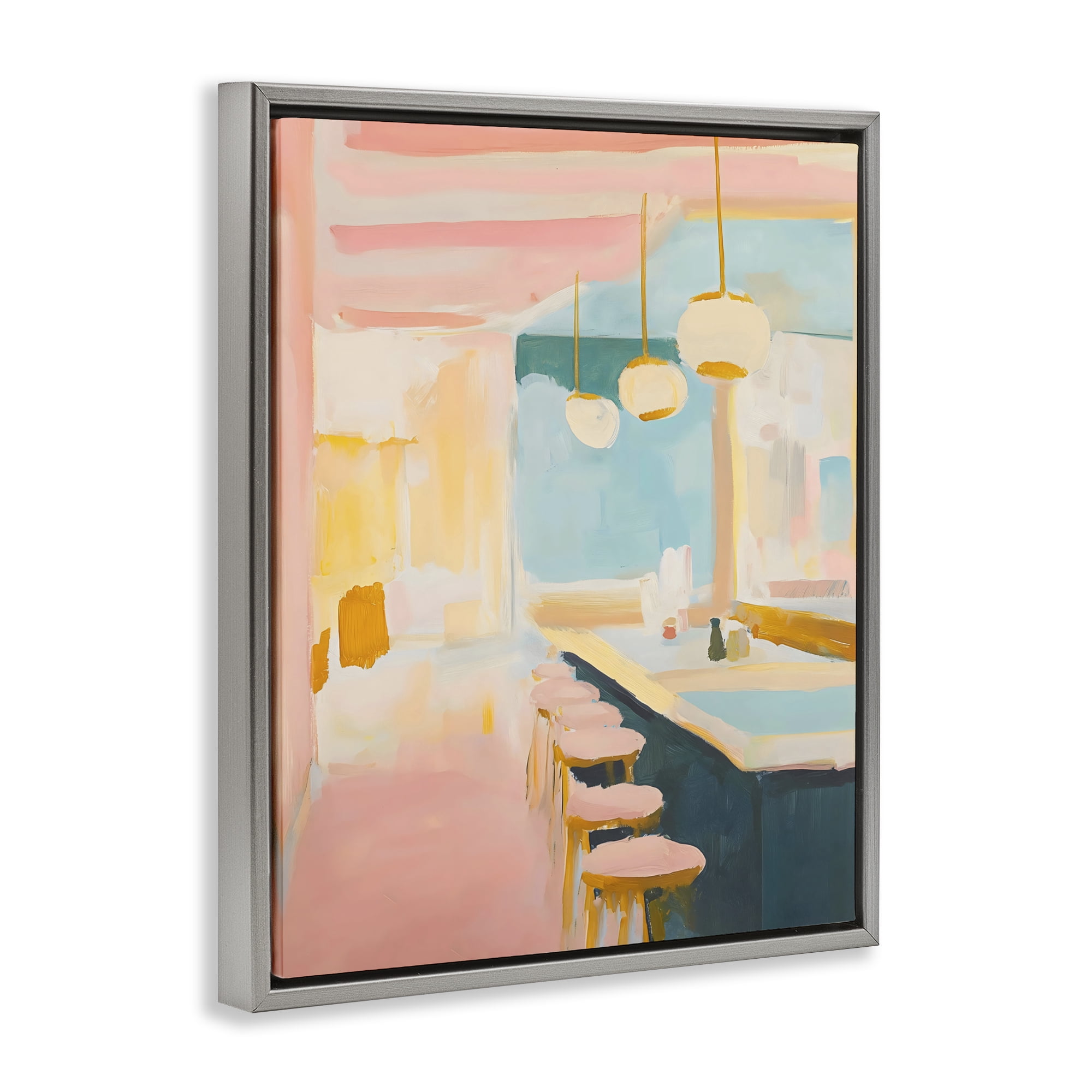 Stupell Industries Pastel Pink Bar Stools Gray Framed Floater Canvas Wall Art, design by The Prints Vibe