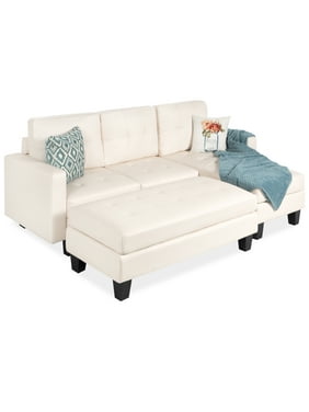 Best Choice Products 3-Seat L-Shape Tufted Faux Leather Sectional Sofa Couch Set w/ Chaise Lounge, Ottoman Bench - White