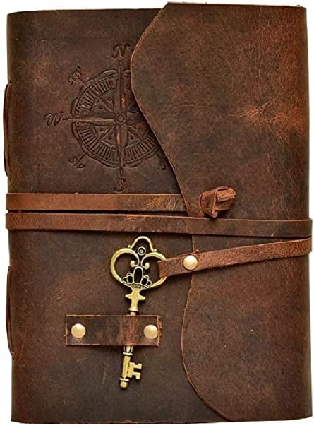 RUZIOON Antique Handmade Compass Vintage Leather Journal - Bound Journal With Deckle Edge Paper Diary - Leather Sketchbook - Drawing Journal Notebook - Great Gift Men And Women (6X8 Inch)