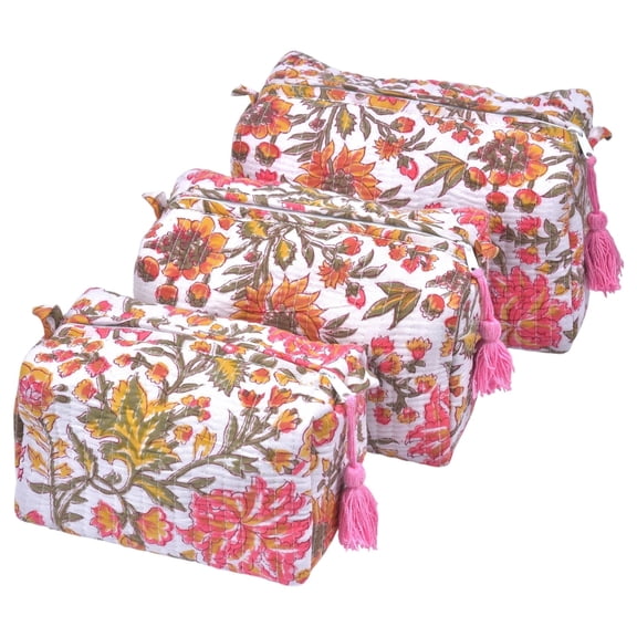 Vivanta Quilted Floral Block Print Makeup Bag Set of 3 – Cotton Travel Toiletry and Makeup Organizer, Cosmetic Pouch, Toiletry Bag for Women, Cute Boho Coquette Make Up Bags for Women