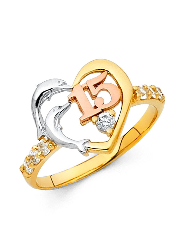 Size 4 Jewel Tie Solid 14k Rose Yellow /& White Gold 15 Years Birthday Heart Ring