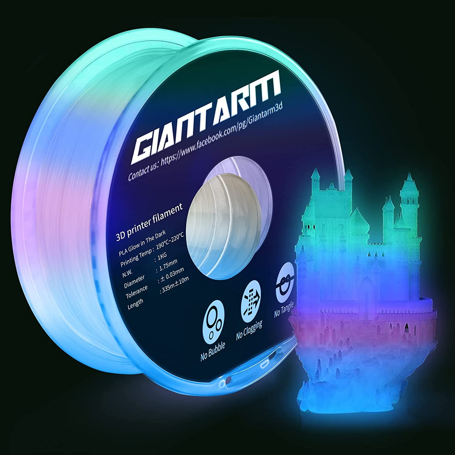Glow in The Dark Rainbow PLA Filament 1.75mm, GIANTARM Gradient Color Change PLA 3D Printer