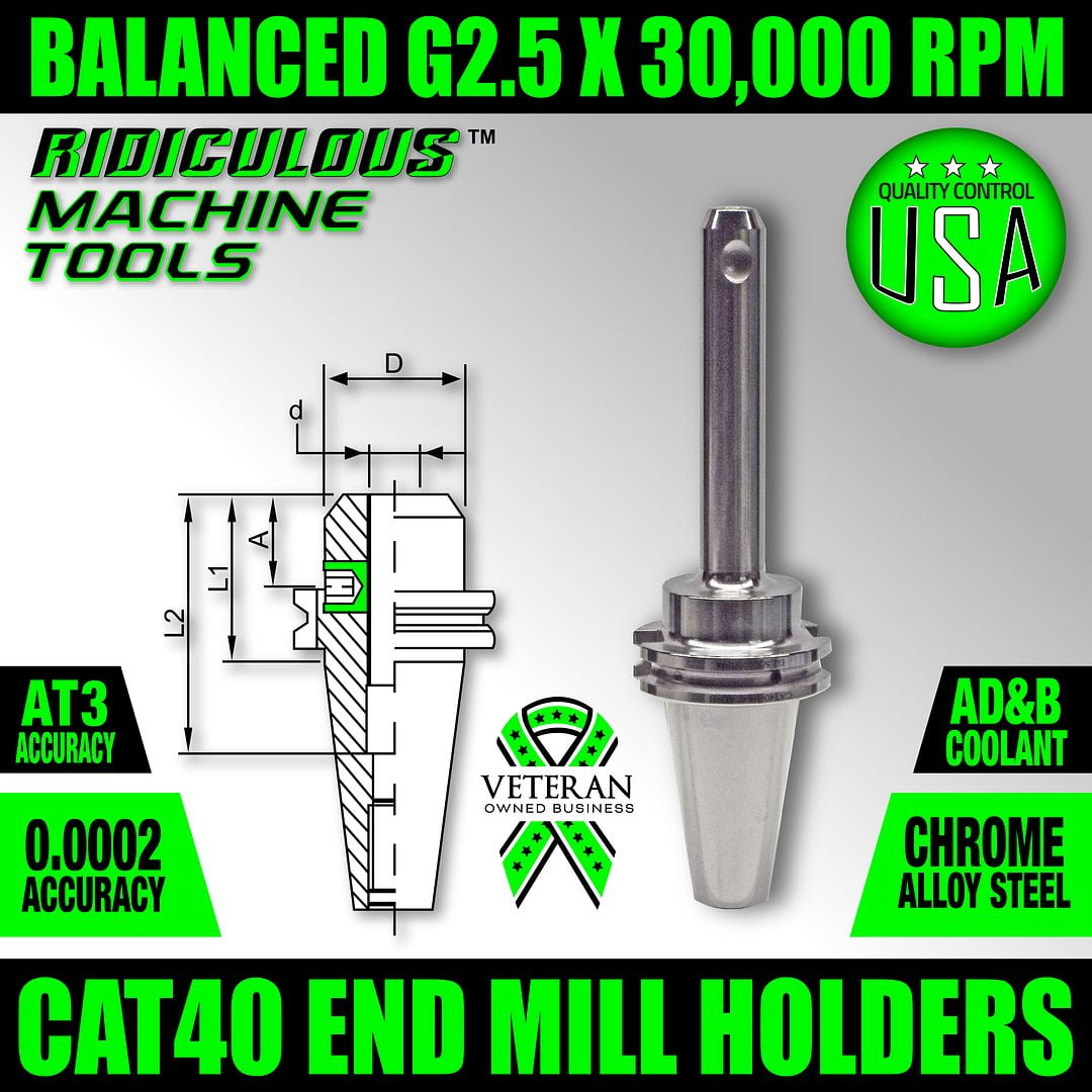 Balanced G2.5 x 30,000 RPM T.I.R. 0.0002 CAT40 END MILL HOLDER 1/4 x 4.72