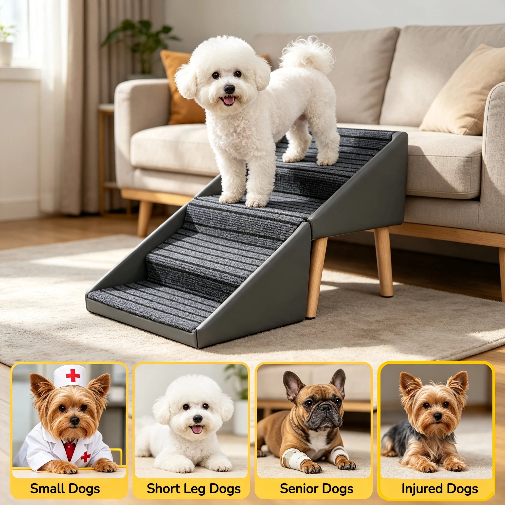 2-in-1 Dog Stairs for Bed and Couch 19.69" Foldable Dog Ramp for Couch 4 Pet Steps & Ottoman for Small Dogs, Grey