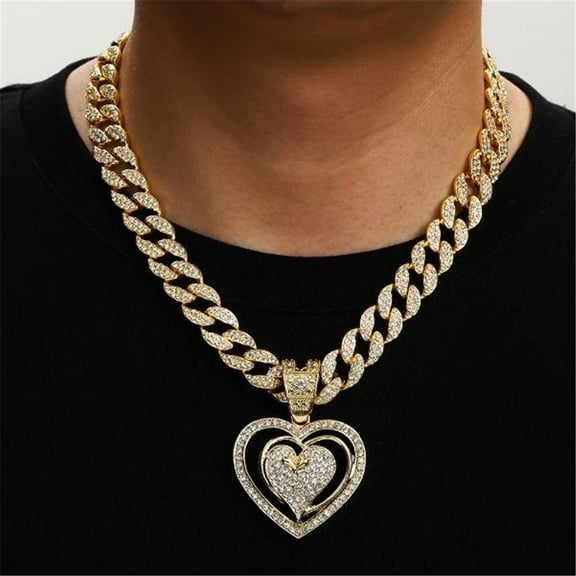 Men Women Hip Hop Three Layer Heart-shaped Pendant Necklace With 15mm Crystal Cuban Chain HipHop Iced Out Bling Necklaces Fashion Charm Jewelry