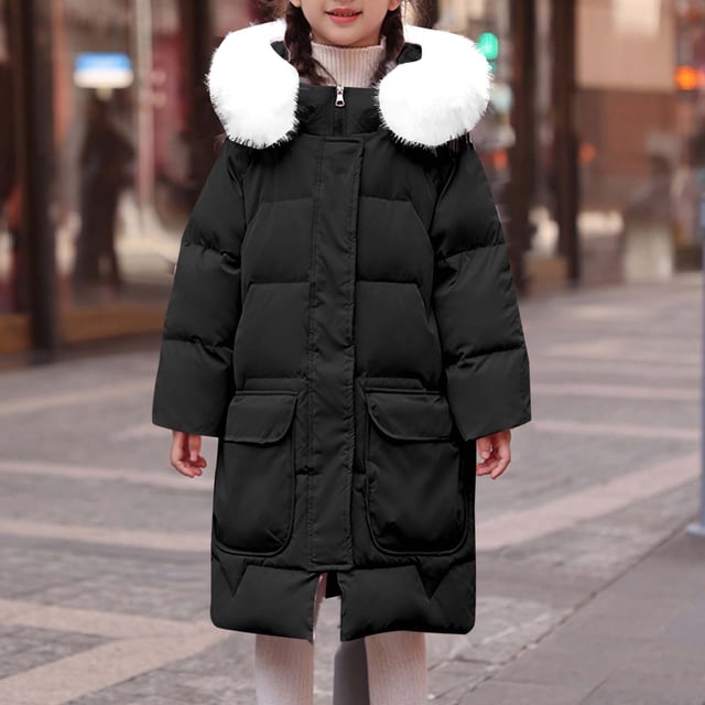 Parkas de manga larga para niños, de invierno, de color liso, gruesas, rellenas de plumón, resistentes al viento y cálidas, con capucha, chaqueta de longitud media, con cuello grande, para niñas, part