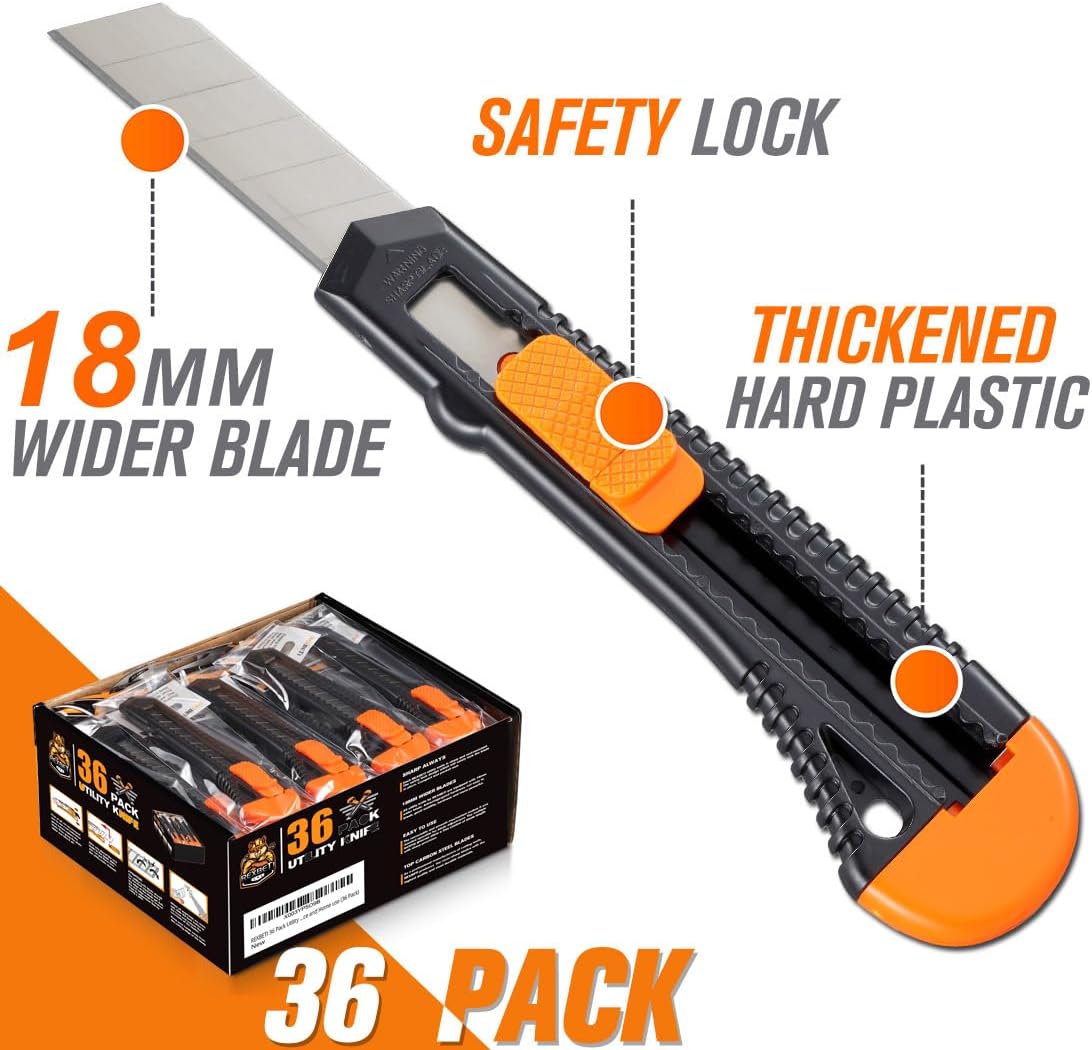 36 Pack Utility Knife, Retractable Box Cutter for Cartons, Cardboard and Boxes, 18mm Wider Razor Sharp Blade, Smooth Mechanism, Perfect for Office and Home use (36 Pack)