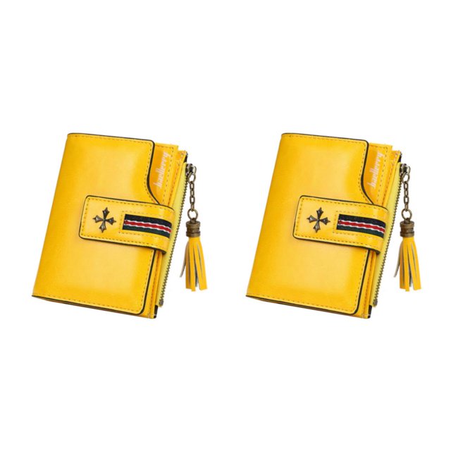 Guardurnaity Cartera de cuero portátil para mujer con borla, monedero de almacenamiento de cambio plegable, portatarjetas de compras, billetera Amarillo 2Conjunto