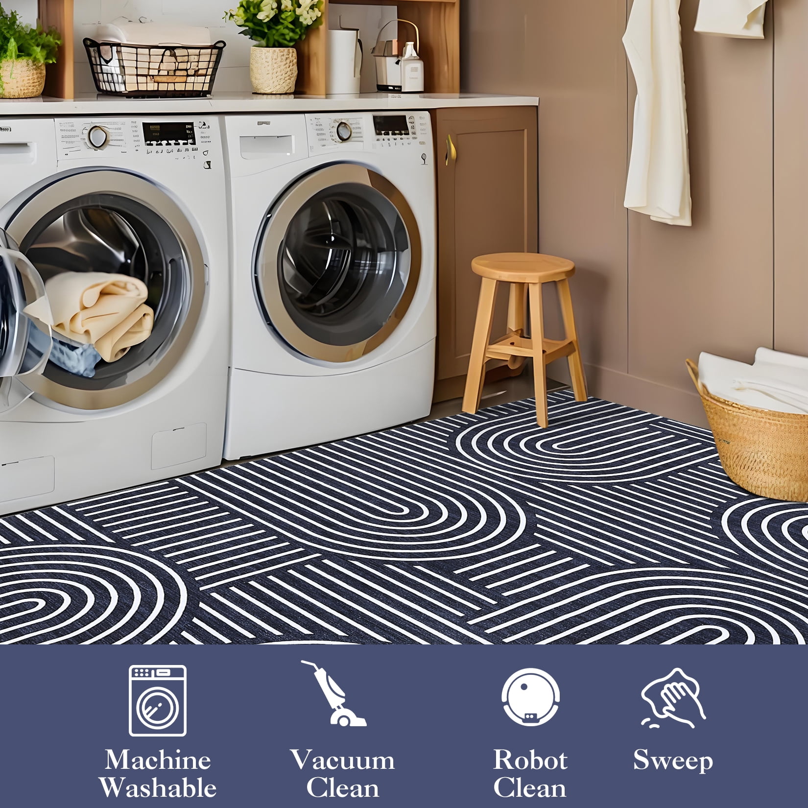 Hasoo 2'x 6' Navy Runner Rug Modern Strip Indoor Carpet Soft Non Slip Runner for Laundry Bathroom Entryway Bedroom