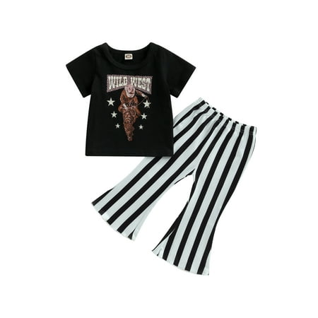 

Toddler Baby Girls Western Clothes Kids Short Sleeve Cow Print T-Shirt Tops Flare Pants 2Pcs Outfits Casual Clothing Set