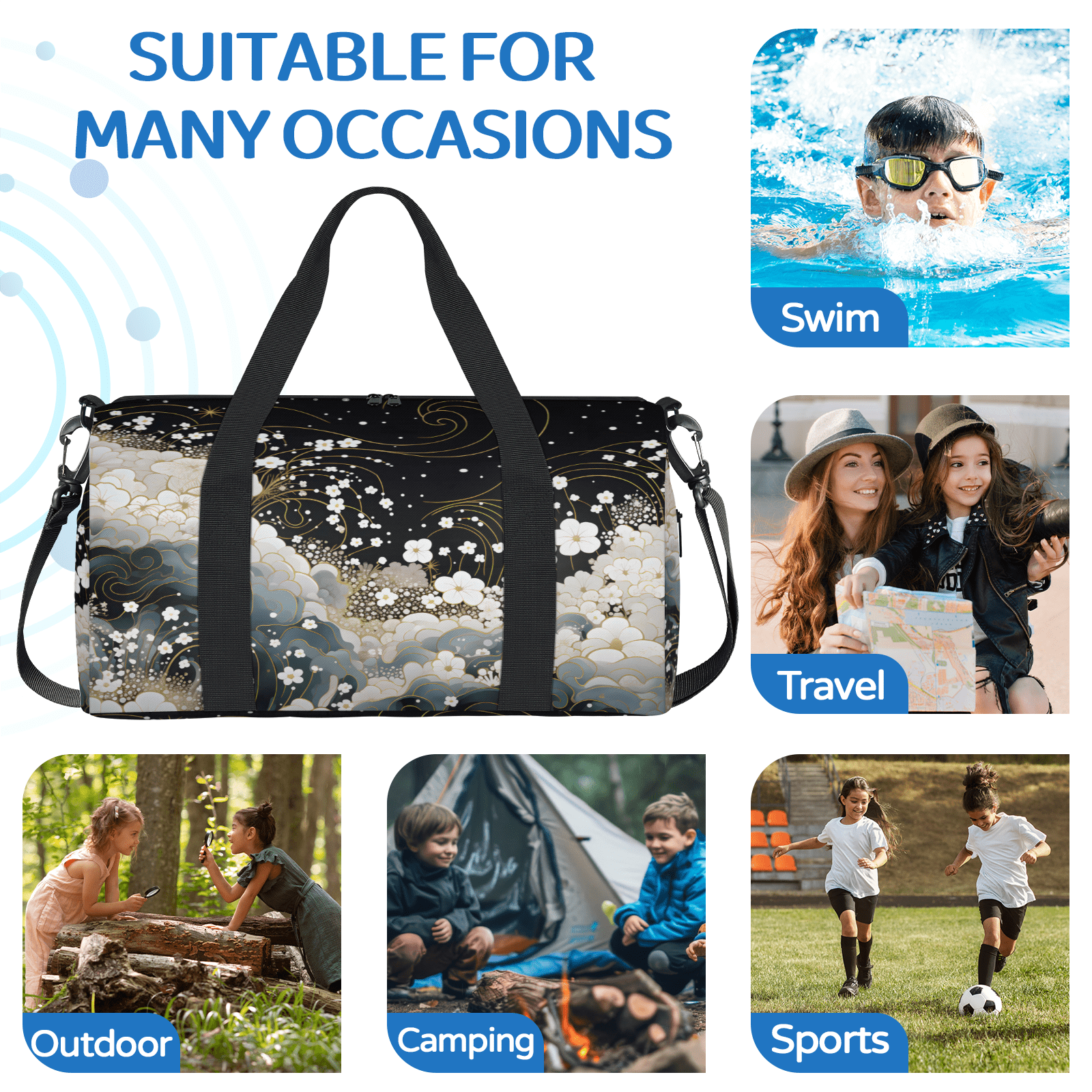 Herdesigns Floral Black White Gym Bag for Women, Duffle Bag for Travel Sport, Flowers Lightweight Waterproof Carry on Weekender Dance Yoga Workout Bags