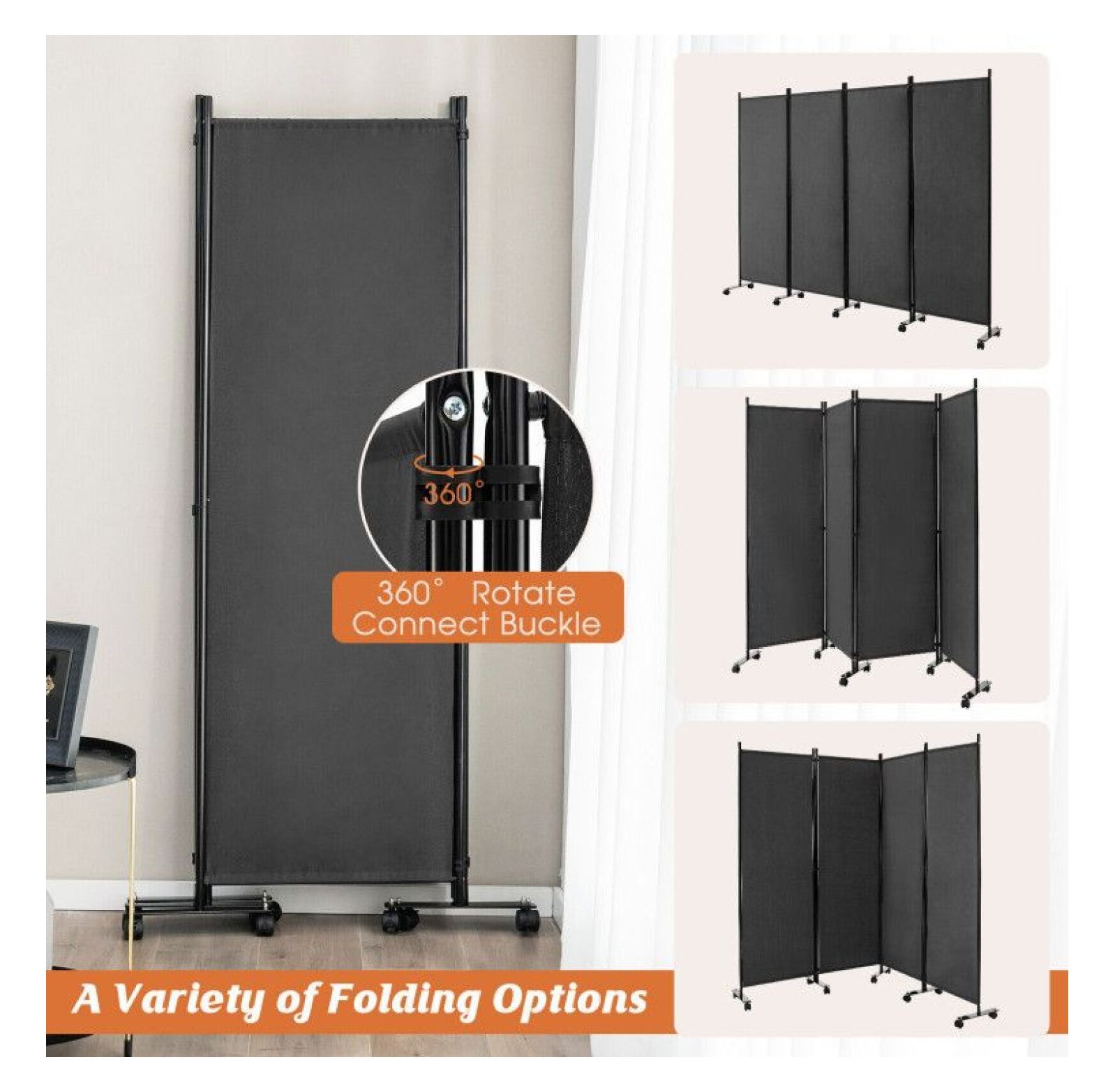 Yunken 4-Panel Room Divider with Locking Casters, 5.6 Ft Steel Frame Folding Screen for Bedroom & Office Use