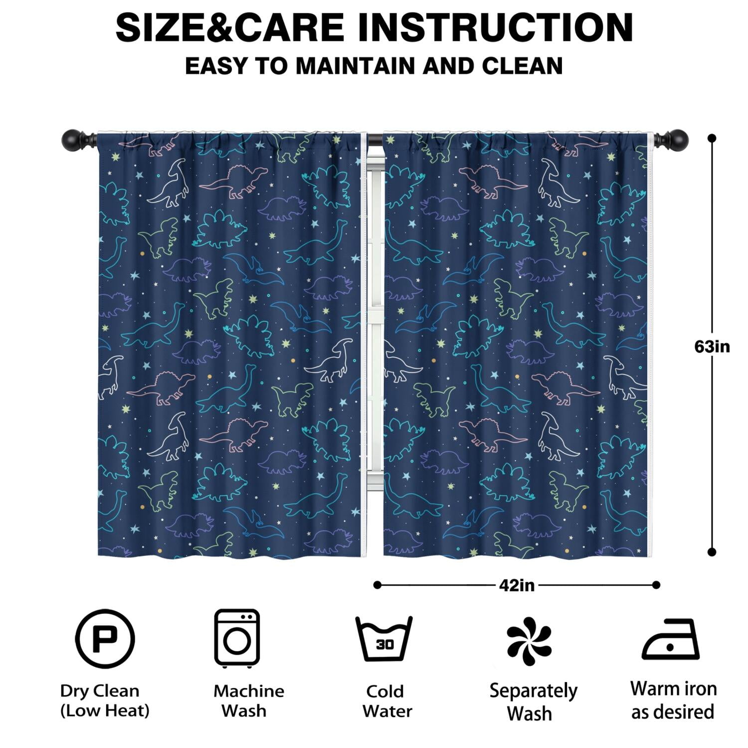 Funny Window Curtains for Kids Room - 42Wx63H Inch 2 Panels, Rod Pocket Colorful Cartoon Dinosaur Patterns for Boys Bedroom Decor Preschool Classroom Curtains Playroom Living Room Window Drapes