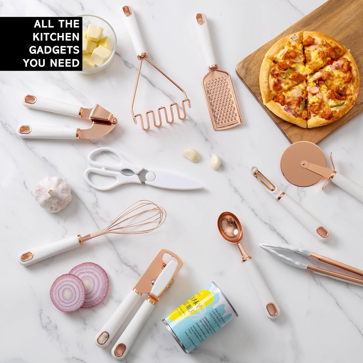 COOK WITH COLOR Kitchen Utensils Set, 10-Piece Stainless Steel Utensils with Soft Touch Handles, Copper White