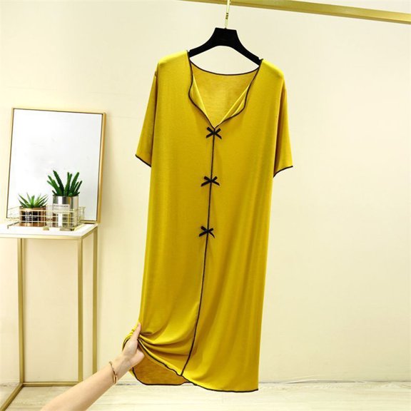 ZyeKqe Womens Nightgown Short Sleeve Bow Casual V Neck Pajamas Lightweight Loose Soft Comfy Loungewear Sleep Shirts