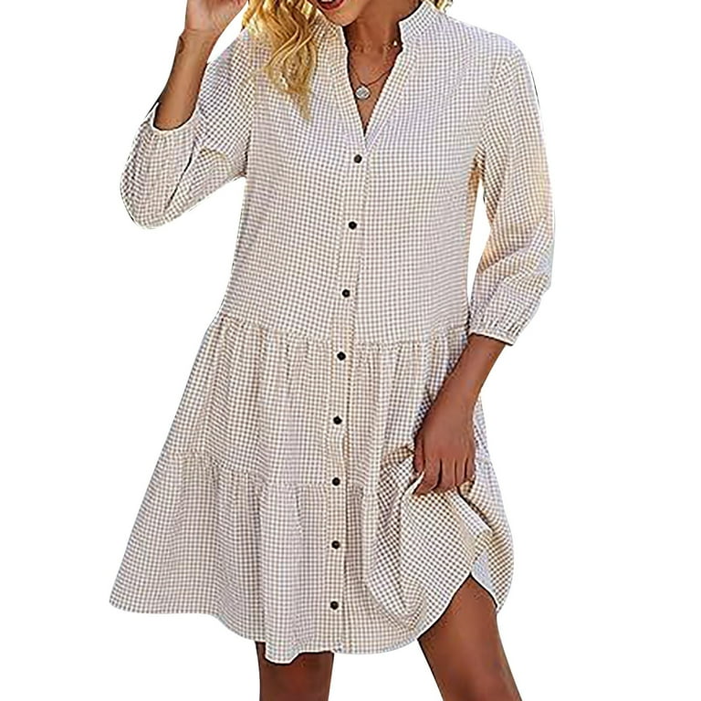 Amzcrzy Women's Tunic Shirt Mini Dress Long Sleeve Cotton Drop Waist Collar  Short Dress Button Up Ruffle Hem Shift Dresses S-XL - Walmart.com