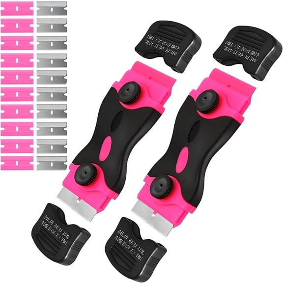 FACEGA 2 Pack Pink Double Edged Razor Scraper Gift for Women,2-in-1 Scraper Tool Set with 20Pcs Razor Blades for Removing Window Labels,Decals,Adhesive,Stickers,Glass Stove Top