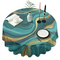 Teal Gold Marble Pattern Round Tablecloth 60"x60",Wrinkle Wipeable Table Cloth for Kitchen Dining Room Picnic Patio Party