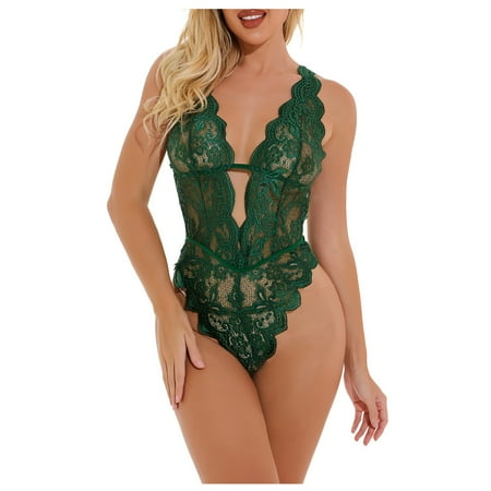 

KDDYLITQ Women Babydoll Sheer Sexy Lingerie One Piece Bodysuit Lace Women s Teddy Dark Green XL
