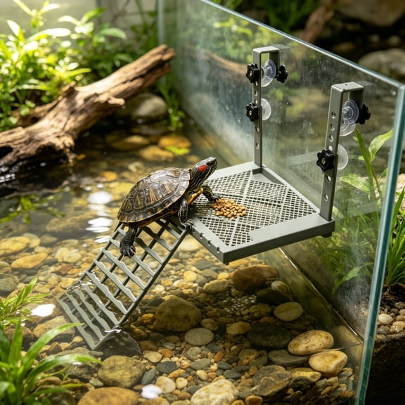 Hanging Turtle Basking Platform with Feeding Trough, Anti-Slip Reptile Resting Ledge, Suction Cup Aquarium Dock for Aquatic Turtles and Tortoises