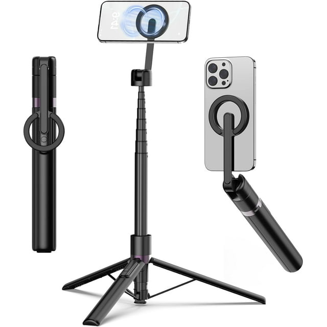 Trípode de palo de selfie magnético de 68" con soporte magnético fuerte de aluminio para , soporte de trípode para teléfono de viaje giratorio 360° con anillo de metal y remoto
