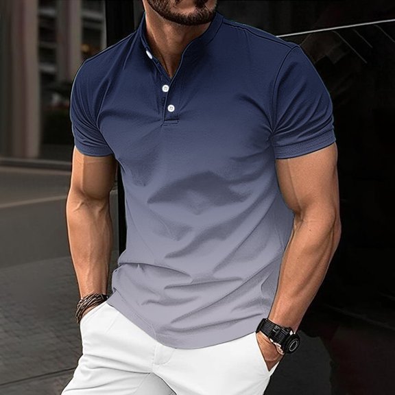 HOOMEUMY Men's Henley Shirts Summer Basic Short Sleeve Basic Tees 2025 Trendy Gradient Shirts Round Neck Tops Stylish Slim Fit Casual Blouse Workout Blue XL