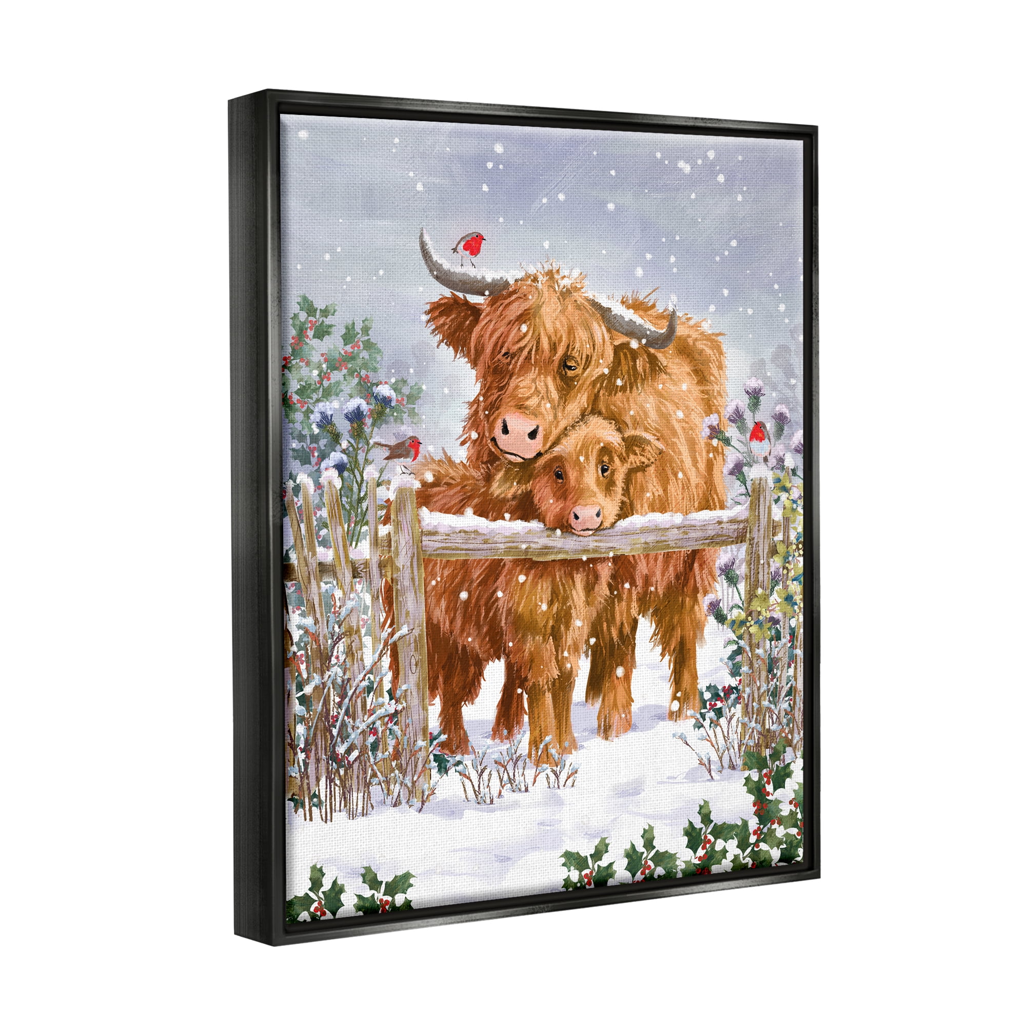 Stupell Industries Winter Cattle Cuddling Snow Scene Holiday Painting Black Floater Framed Art Print Wall Art
