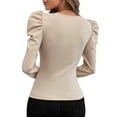thumbnail image 2 of SHIBEVER Womens long sleeve tops square neck Slim Leg of Mutton Sleeve 2024 fashin Solid Color Knit T-Shirt for women Beige XXL, 2 of 3