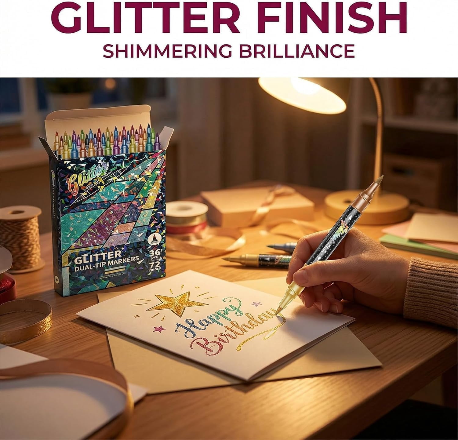 2026 New 24/48/72/96 Colors Glitter Effect Brush Markers, Dual Tip Metallic Shimmer Pens Set, Soft Brush & Fine Tip, Smooth Ink Flow for Coloring, Journaling & Cards