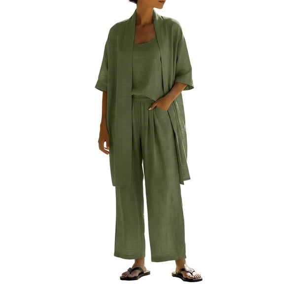 Ahabrexf Women's Solid Color Jacket with Camisole and Pants 3-Pc Set Casual Loose Fit Summer Outfit