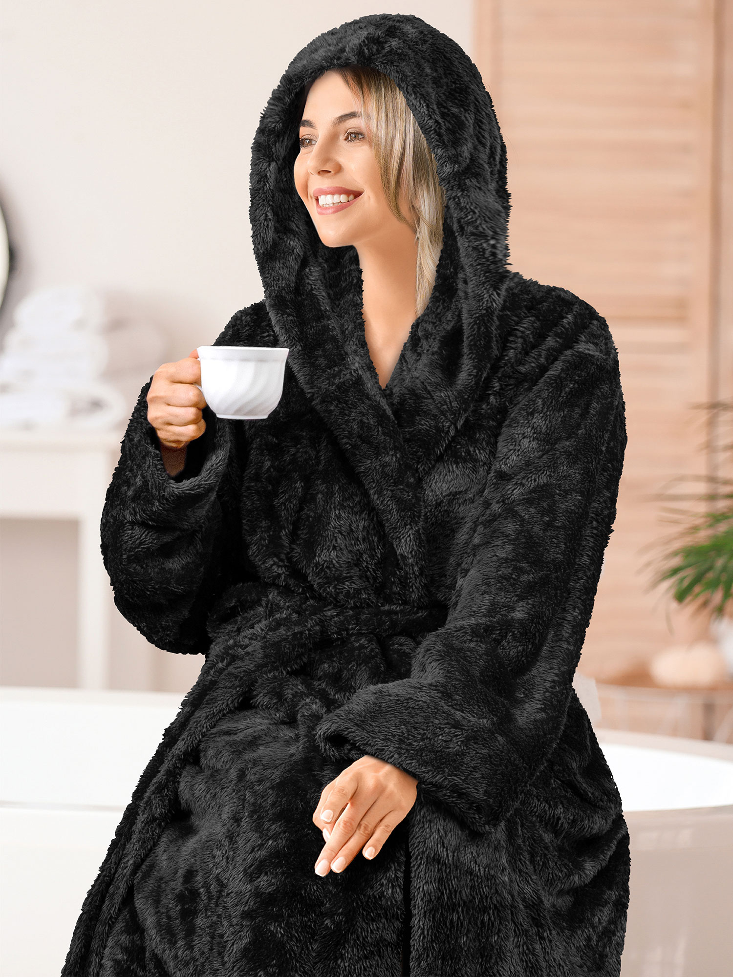PAVILIA Women Hooded Plush Soft Robe | Fluffy Warm Fleece Sherpa Shaggy Bathrobe (L/XL, Black) - image 5 of 7