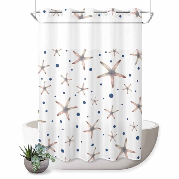 No Hook Shower Curtain, Starfish Coastal Shower Curtains for Bathroom with See Through Top Window, Summer Nautical Ocean Sea Modern Art Waterproof & Washable Bath Curtain Extra Long 72"x96"