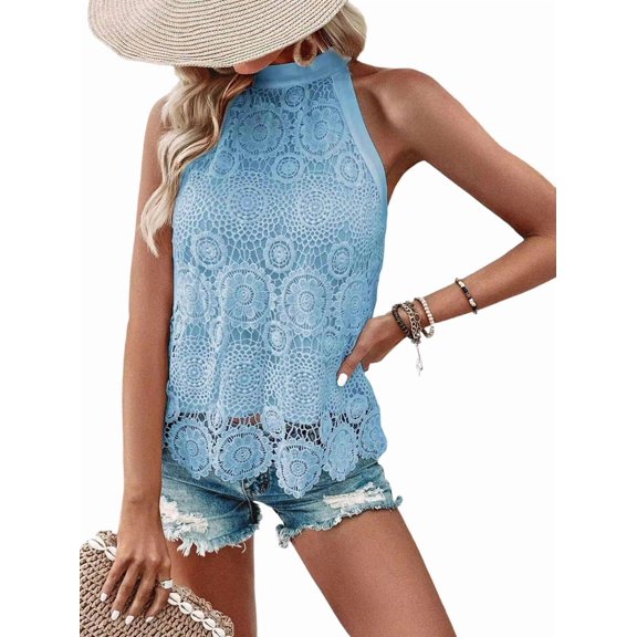 Women'S Tank Tops Hollow Out Lace Boho Blouse Eyelet Embroidery Sleeveless Tops Shirts Light Blue M