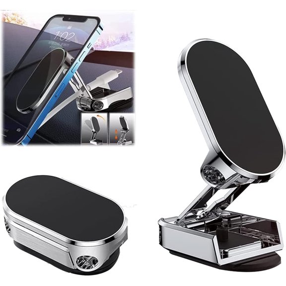 Strong Magnetic Folding Holder, Magnetic Car Phone Mount, 360°Rotating Base & Adjustable Arm, for Car Skylight Dashboard Windshield (Silver)