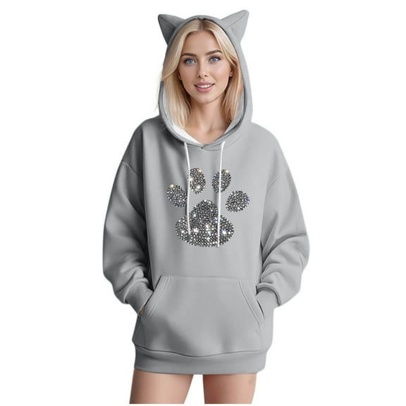 SwiftWear Women's Sparkly Cat Paw Print Hooded Sweatshirt - Glitter Detail Pullover with 3D Ears, Cute Animal Casual Wear Gray