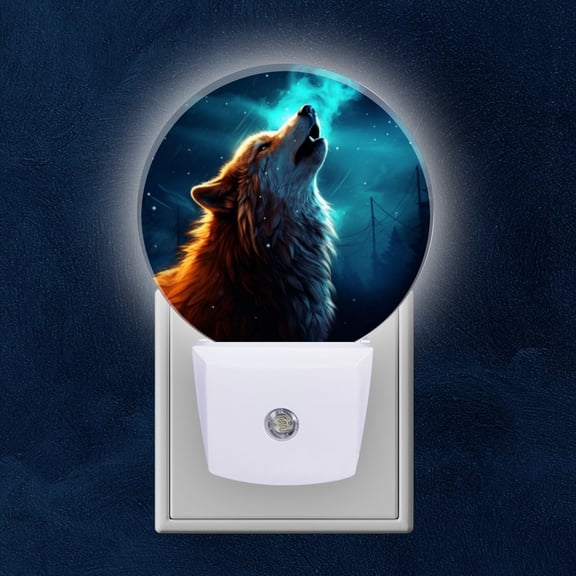 Round LED Night Lights Lamp with Dusk to Dawn Sensor, Wolf Howling At The Moon In Enchanted Forest Night Light Plug Into Wall for Kids Room, Bedroom, Bathroom, Kitchen, Hallway