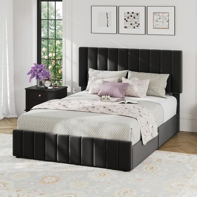 King Bed with Storage Drawers & Adjustable Headboard, Linen Quilted Upholstered Platform Frame, Sturdy Wood Slat Support, No Box Spring Needed