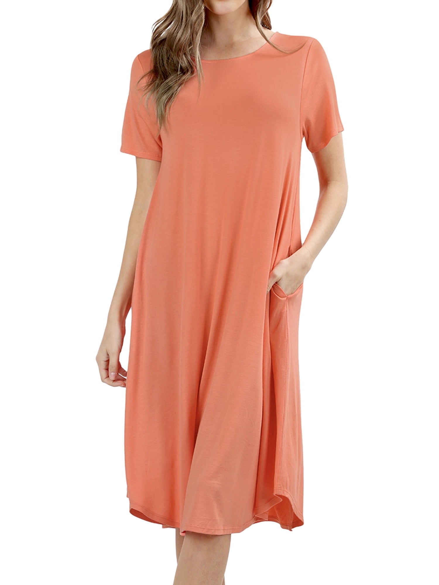 Womens & Plus Round Neck Short Sleeve Knee Length ALine Swing Trapeze Dress