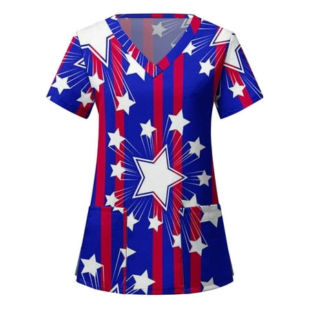 

Sksloeg Scrub Tops for Women Print American Flag Scrub Tops V-Neck Independence Day T Shirts Workwear Nurse Uniform Tee with Pockets Dark Blue XXXXL