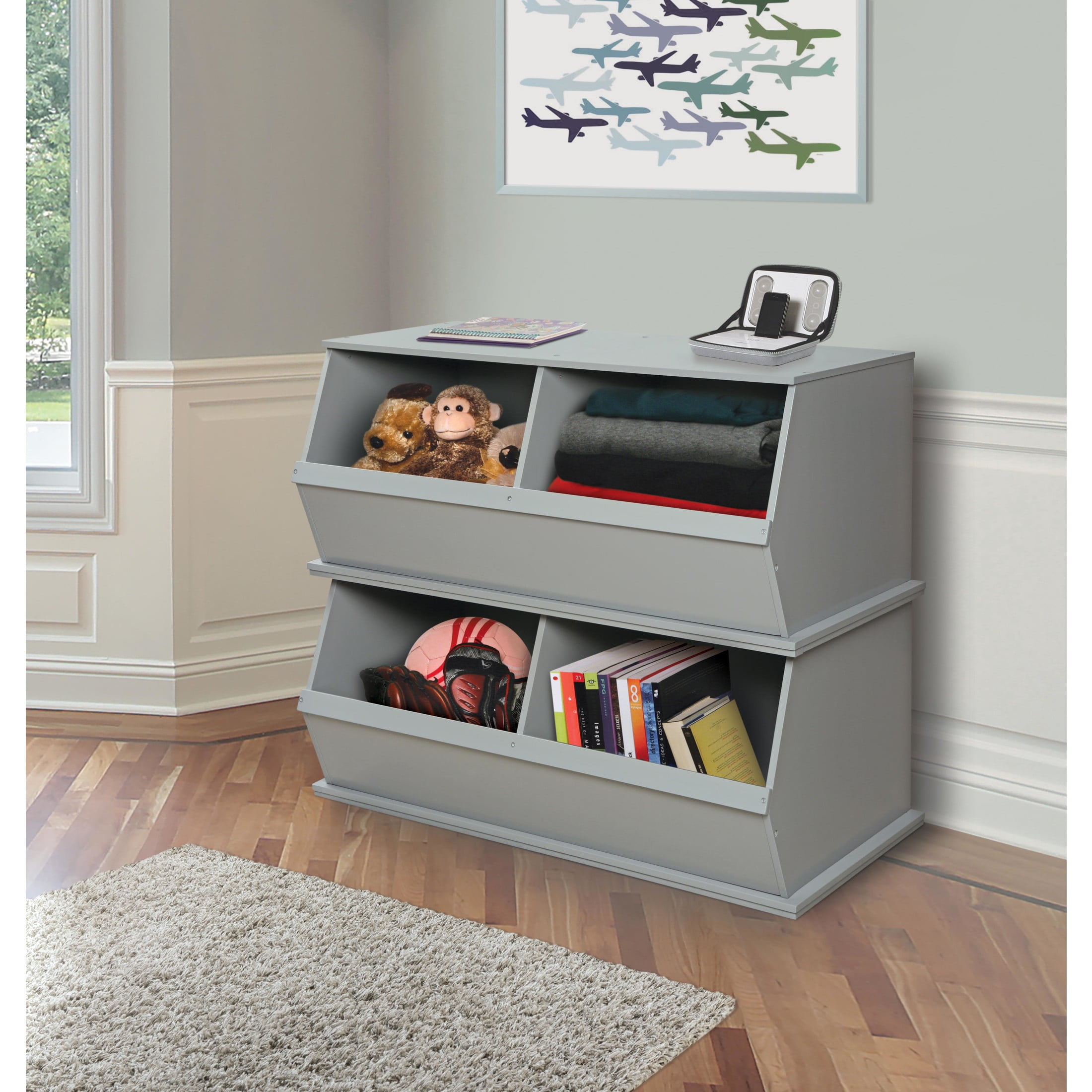Badger Basket Children's 2-Bin Stackable Wooden Storage Cubby 5.3 Cu ft. – Gray