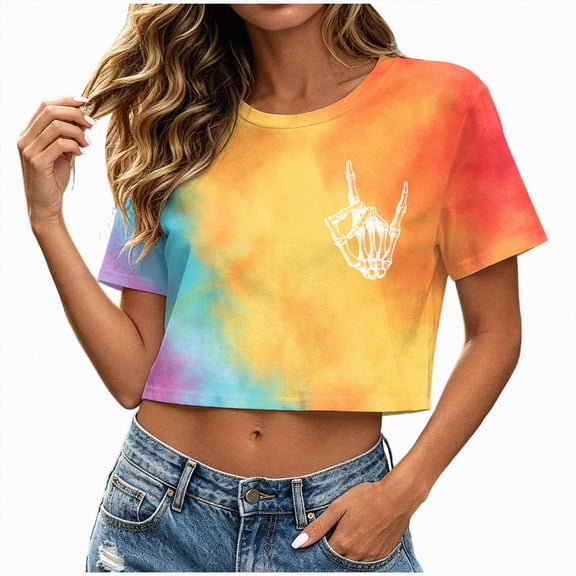 felwors Women's Tie Dye Crop Tops – Rock Hand Graphic Short Sleeve Tee, Y2K Aesthetic Summer Streetwear Shirt for Festival, Party & Casual Wear Yellow for Size M