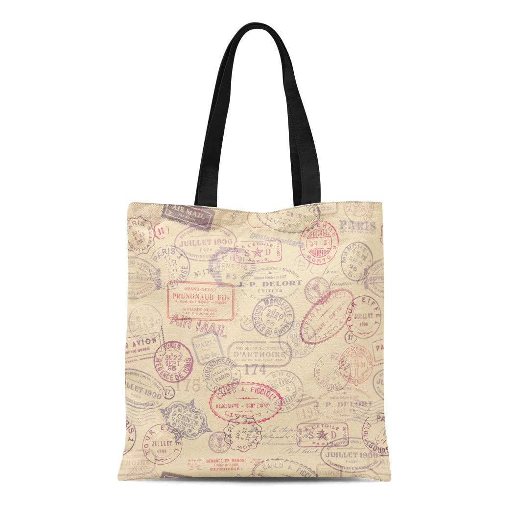 HATIART Canvas Tote Bag Pink Travel Seamlessly Tiling Postage Pattern Vintage Stamps Blue Durable Reusable Shopping Shoulder Grocery Bag