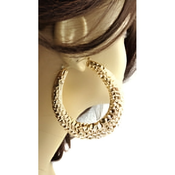 Large Puffed Hammered Texture Gold tone Hoop Earrings 3 inch