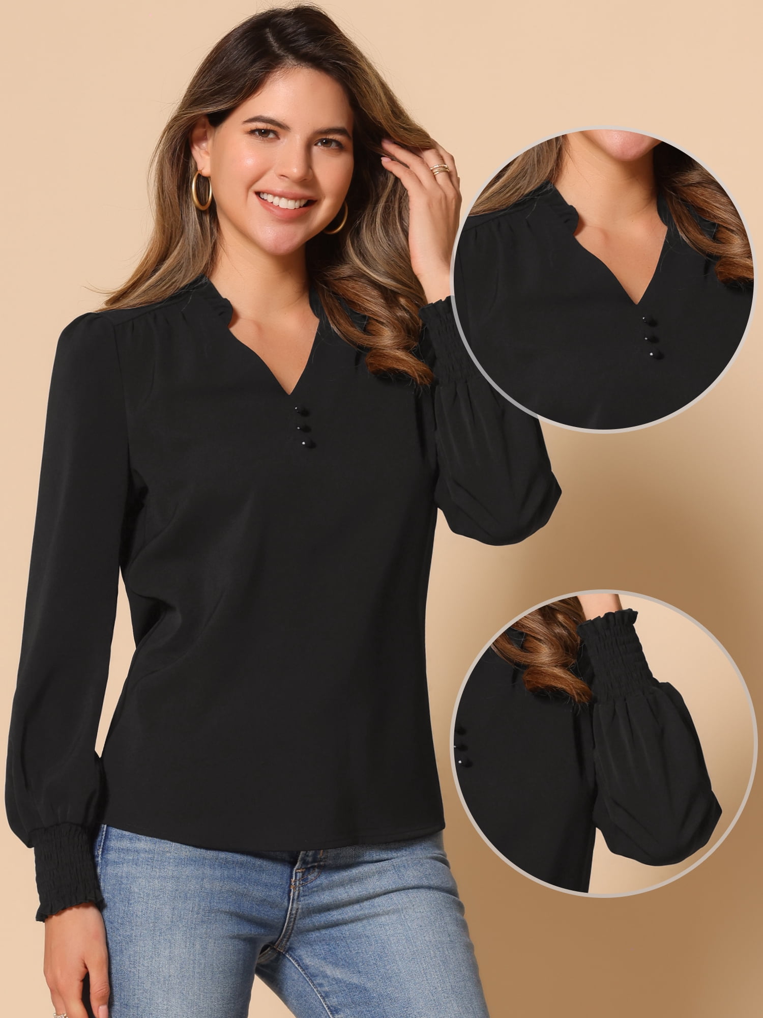 DARING DIVA Women's Vintage Ruffle V Neck Puff Long Sleeve Shirts XL Black