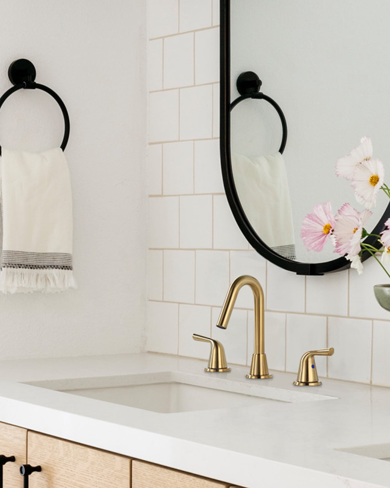 WOWOW Widespread Bathroom Faucets for Sink 3 Hole Gold, 8 inch Bathroom Faucet with Pop Up Drain Assembly and Water Supply Lines 2 Handle 360° Swivel Spout Basin Faucets for Vanity Lavatory
